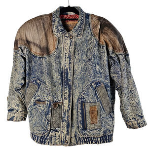 Vintage 90s Giacca acid wash blue denim leather women's oversize jacket S